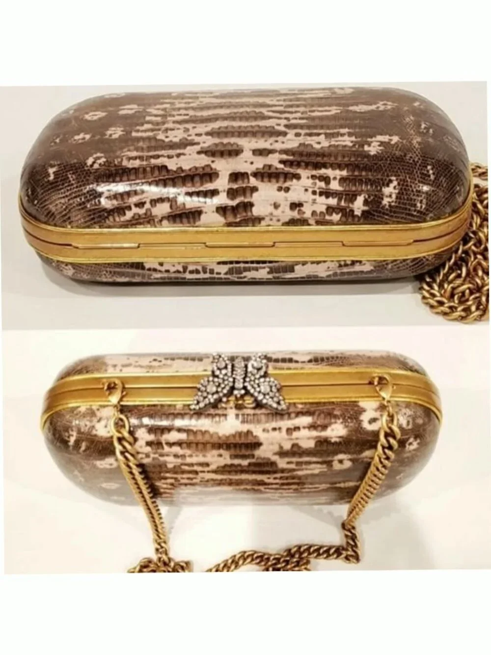Authentic Gucci Broadway Snakeskin Clutch Crossbody Bag Bronze Gold Chain New - Picture 7 of 10